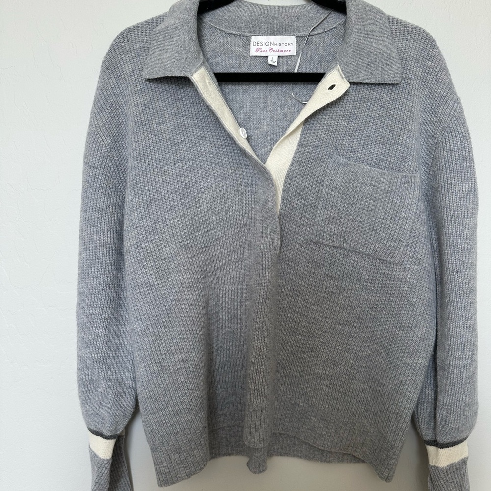 Design History 100% Cashmere Gray & Cream Collared Polo Sweater Size Large